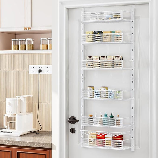 Over the Door Pantry Organizer, 6-Tier Pantry Organization and Storage,Adjustable Hanging Spice Rack Shelves, Cabinet Door Organizer for Easy Install, Home & Kitchen Essentials, White