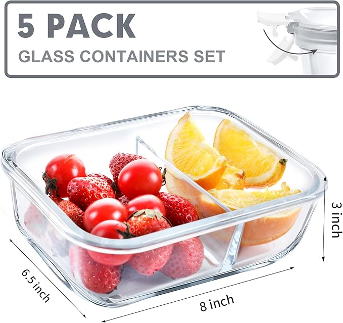 VERONES 5 Pack Glass Meal Prep Containers 2 Compartment Set, 36OZ Airtight Glass Lunch Containers, Food Storage Containers with Lids, for Microwave, Oven, Freezer & Dishwasher Friendly,White