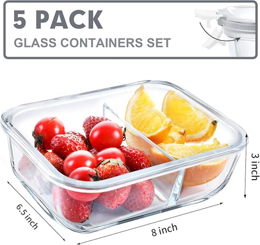VERONES 5 Pack Glass Meal Prep Containers 2 Compartment Set, 36OZ Airtight Glass Lunch Containers, Food Storage Containers with Lids, for Microwave, Oven, Freezer & Dishwasher Friendly,White
