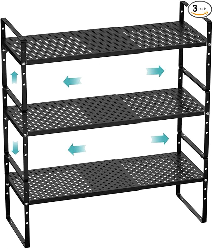Cabinet Organizer Shelf Expandable Spice Rack Stackable Cabinet Pantry Counter Under Sink Shelves Storage Shelf Rack for Kitchen Home Office,Black,3 Packs