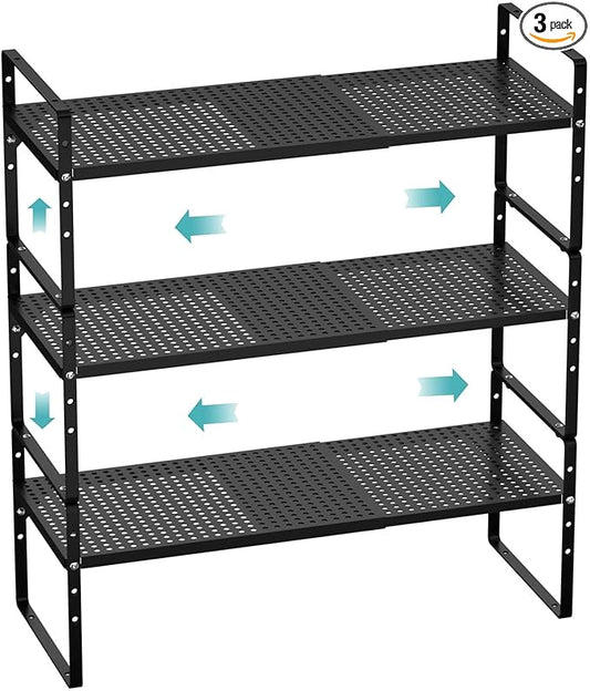 Cabinet Organizer Shelf Expandable Spice Rack Stackable Cabinet Pantry Counter Under Sink Shelves Storage Shelf Rack for Kitchen Home Office,Black,3 Packs