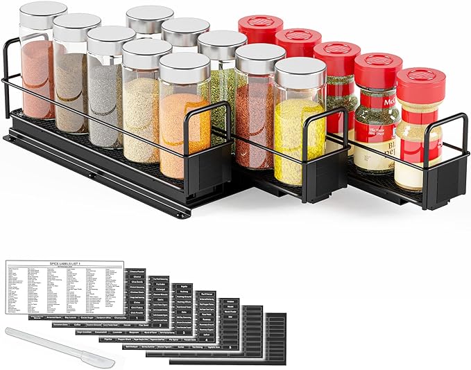 SpaceAid Pull Out Spice Rack Organizer for Cabinet, Heavy Duty Slide Out Seasoning Kitchen Organizer, Cabinet Organizer, with Labels, 7.7" W x10.75 D x4 H, 3 Drawers 1-Tier
