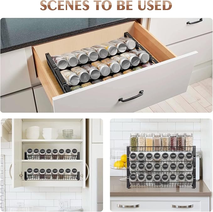 JONYJ 4 Tier Stackable Seasoning Rack Organizer, Detachable Countertop Spice Jar Rack for Cabinet, Freestanding , Black Frosted Iron Kitchen Counter Shelf