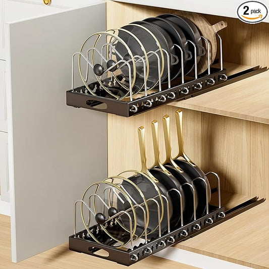 Pull Out Pots and Pans Organizer Under Cabinet, 2 Pack Pots and Pans Organizer, Sliding Lid Holder and Pan Rack in Kitchen, Slide Out inside Cabinet Storage for Pot Lid, Bakeware, Dishes, Black