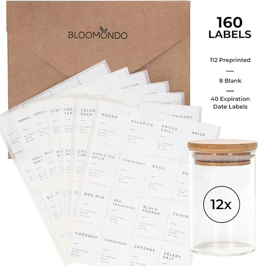 Empty Spice Jars with Label Pack (12x Bamboo Lid Glass Jar). Small 6oz Spice Storage Bottles with 112 Printed Stickers and 48 Writable Pantry Labels for Seasoning Containers