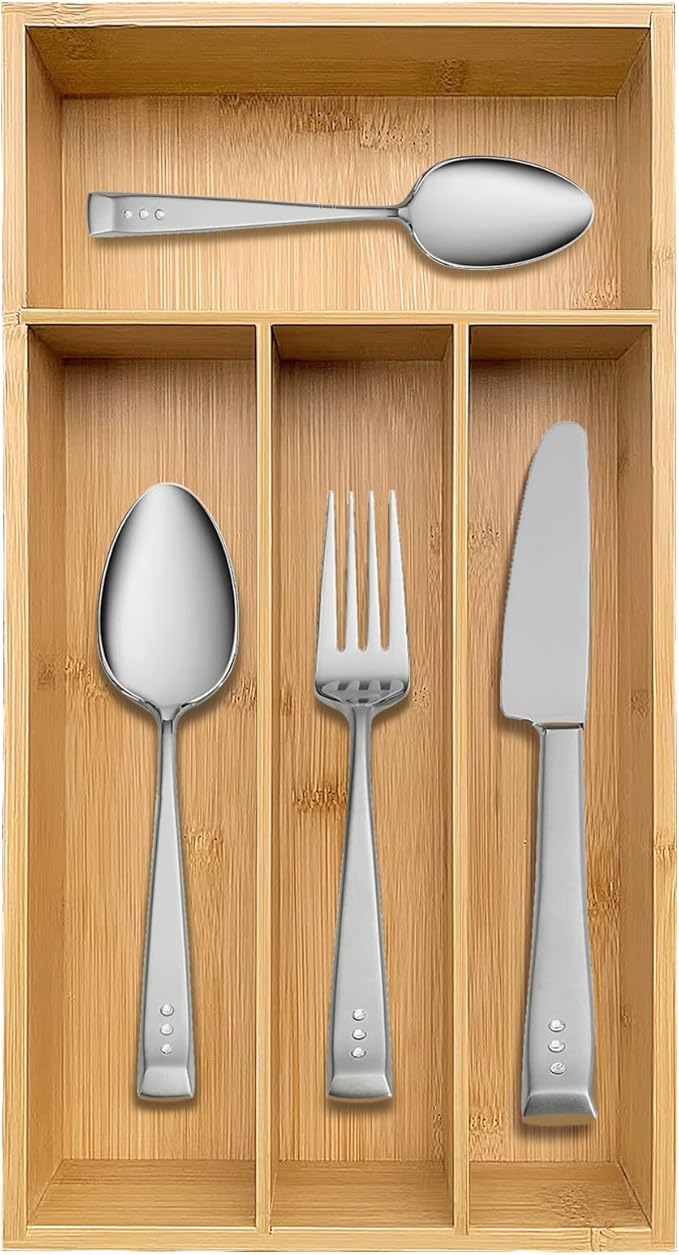Bamboo Silverware Organizer, Kitchen Drawer Organizer, Silverware Utensil Tray Holder for Flatware Cutlery Knives, Forks, Spoons (4-Slots) (Natural)