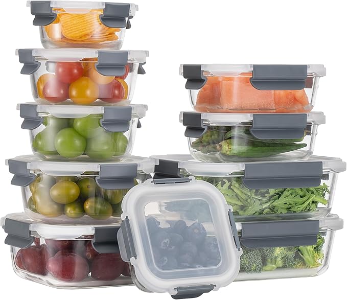 [10-Pack Glass Meal Prep Containers with Lids, Food Storage Containers with Snap Locking Lids, Airtight Lunch Containers, Microwave, Oven, Freezer and Dishwasher
