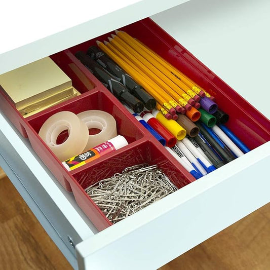 Glad Plastic Drawer Storage Tray – Heavy Duty Organizer Bin for Home, Kitchen, Bath, Bedroom, Office | Non-Slip Feet, 4-Compartment, Red