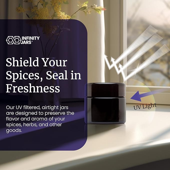 Infinity Jars Classic Black Glass Jar 50 ml (1.7 fl oz) Ultraviolet Airtight Smell Proof, Refillable Container, Screw top Jar for Long term storage Coffee, Spices, Tea, Dried Goods for Kitchen