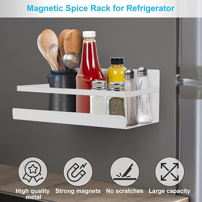 Magnetic Spice Rack for Refrigerator, 2 Pack Magnetic Shelf Fridge Organizer for Spice Jars, Magnet Shelves Seasoning Spice Holder with 4 Hooks for Kitchen White Board Pantry Organizers and Storage