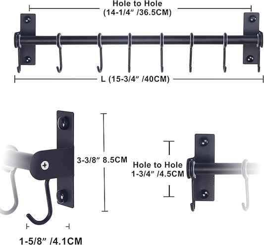 Dseap Kitchen Hooks for Hanging Utensils, Hanging Pot Rack, Kitchen Utensil Hanger Rail with 8 Hooks for Pots Pans, Spoons, Mugs, Wall Mounted, Stainless Steel, Black, Pack of 2