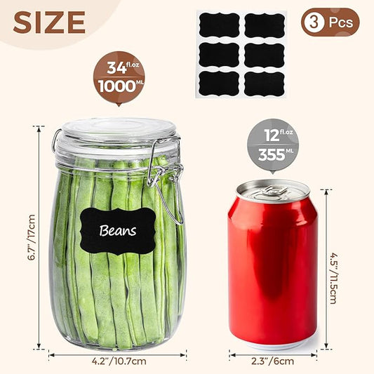 ComSaf Airtight Glass Canister Set of 3 with Lids 34oz Food Storage Jar Round - Storage Container with Clear Preserving Seal Wire Clip Fastening for Kitchen Canning Cereal,Pasta,Sugar,Beans,Spice