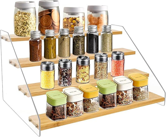 12“ Spice Rack Organizer for Cabinet - Wooden 4 Tier Display Stand - Space Saving Display Shelf Riser for Perfume Cologne Cupcake Collectibles Figurine