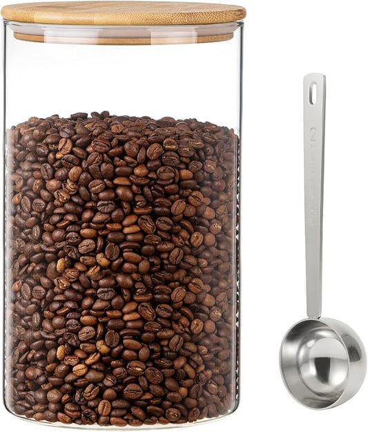 Wide Glass Jar with Bamboo Lid Clear Glass Food Canister with Scoop Thickened Glass Storage Jar for Kithen Pantry Cookie Coffee Ground Bean Tea Laundry Flour Sugar (3.5L/118 OZ-1 PACK)