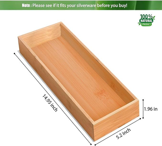 Set of 2 Bamboo Drawer Organizer, Stackable Utensil Organizer for Kitchen, Bamboo Storage Box Wood Silverware Tray for Drawer