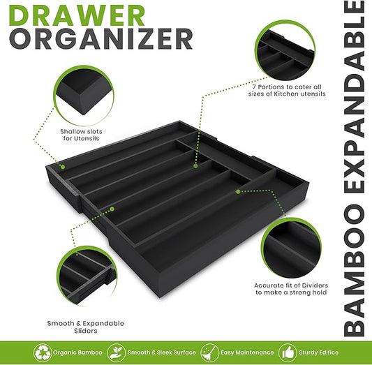 Utopia Kitchen Expandable Bamboo Utensil Drawer Organizer, Silverware Organizer for Cutlery, Flatware Holder (5-7 Slots, Black) - Pack of 1