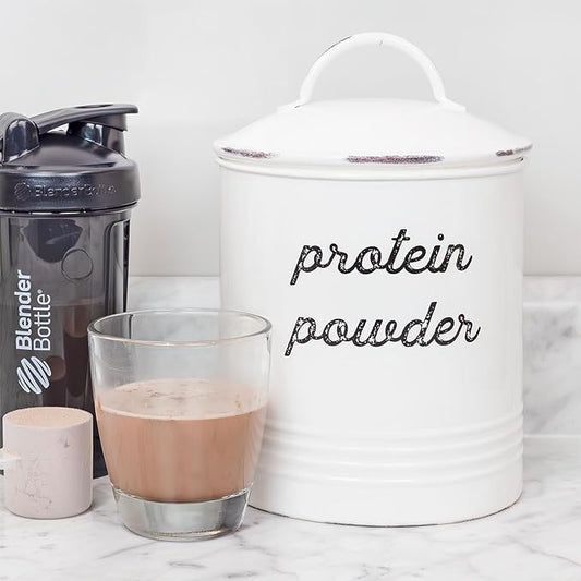 AuldHome Design Enamelware Protein Powder Canister; White Rustic Distressed Style Storage for Kitchen