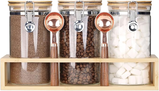 KKC Airtight Borosilicate Glass Coffee Beans, Loose Leaf Tea & Sugar Containers with Bamboo Lids & Scoops,Rack, Labels - Cocoa,Matcha, Kitchen Pantry Organization - 40 Fl.Oz