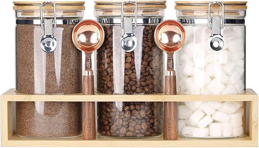 KKC Airtight Borosilicate Glass Coffee Beans, Loose Leaf Tea & Sugar Containers with Bamboo Lids & Scoops,Rack, Labels - Cocoa,Matcha, Kitchen Pantry Organization - 40 Fl.Oz