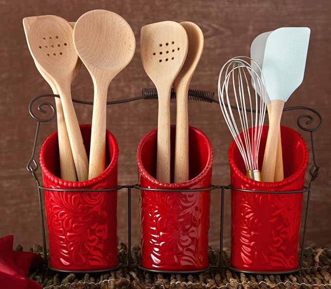 Kitchen Flatware Caddy - 3 Ceramic Utensil Holders (4" Dia x 7" H each) & 1 Wire Caddy - Red