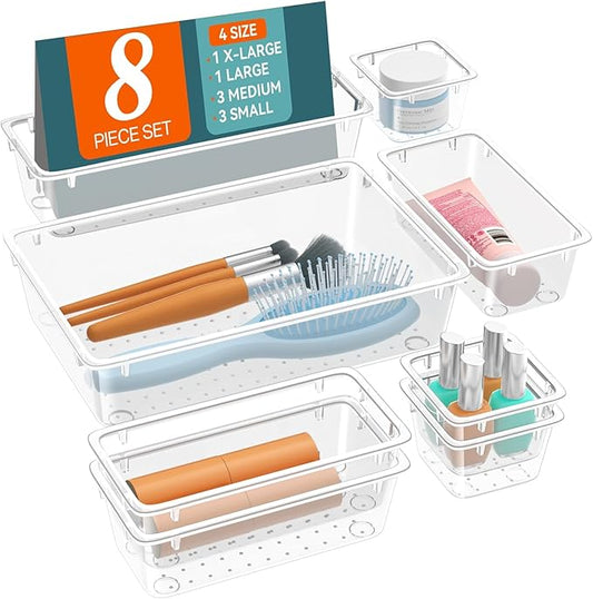WOWBOX 8 PCS Clear Plastic Drawer Organizer Set, 4 Sizes Desk Drawer Organization and Storage Containers for Makeup, Cosmetics, Jewelry and Gadgets in Kitchen, Bathroom, Bedroom, Office, Clear