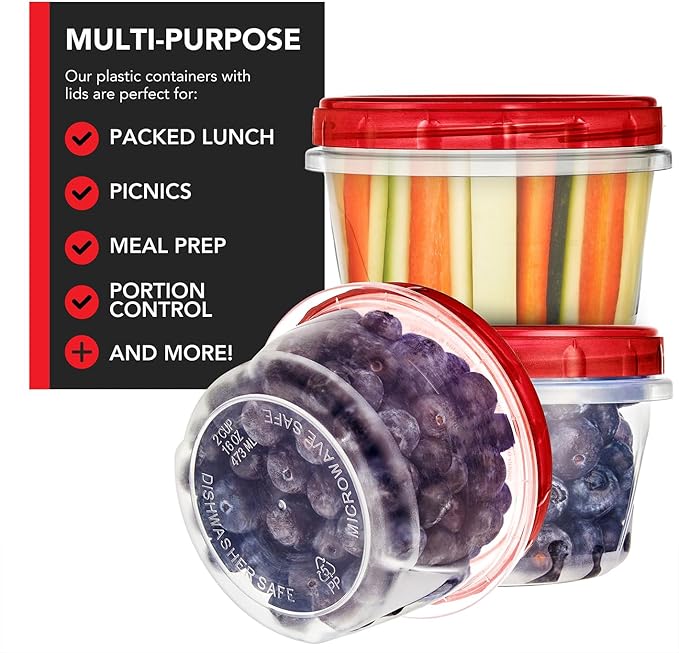 16oz Plastic Containers with Red Twist Top Lids (10 Pack) – 2-Cup Freezer Containers for Leftovers, Airtight Reusable Soup Storage, Microwave & Dishwasher Safe