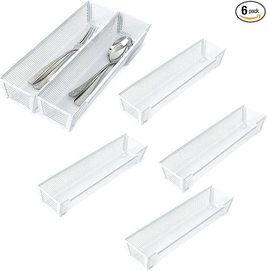 Mesh Tray Kitchen Drawer Utensil Cutlery Tray Office Supplies with Inter-locking Arm Drawer Dividers Organizer for Silverware, Flatware, Home,Office, School,Bedroom(12＂X3＂6pack) White