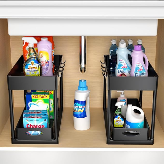 PUILUO 2 Set Under Sink Cabinet Organizer, 2 Tier Storage Under Cabinet Bathroom Under Sink Organizers and Storage Black Under Sink Storage for Bathroom Kitchen