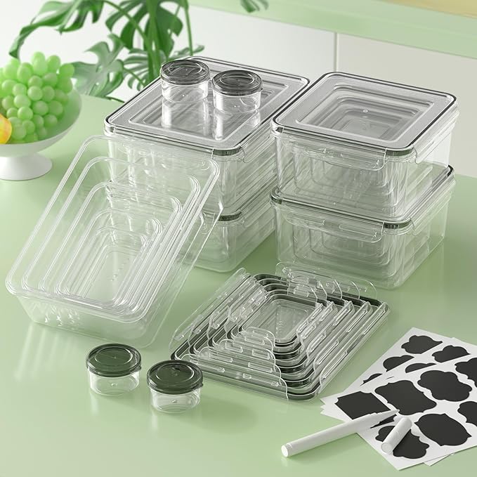 44-Piece Food Storage Containers with Lids(22 Containers & 22 Lids), Plastic Food Containers for Pantry & Kitchen Storage and Organization, BPA-Free, Leak Proof, Reusable with Labels & Pen
