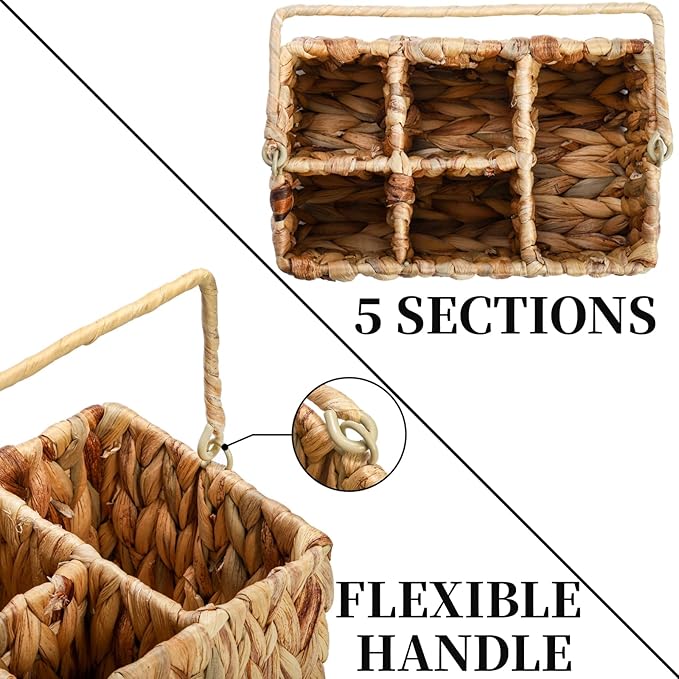Wicker Flatware Organizer, Woven Divided Utensil Caddy, Water Hyacinth Cutlery Holder, Picnic Silverware Flatware Storage Basket Carrier with Handle for Countertop, Forks, Knives, Spoons