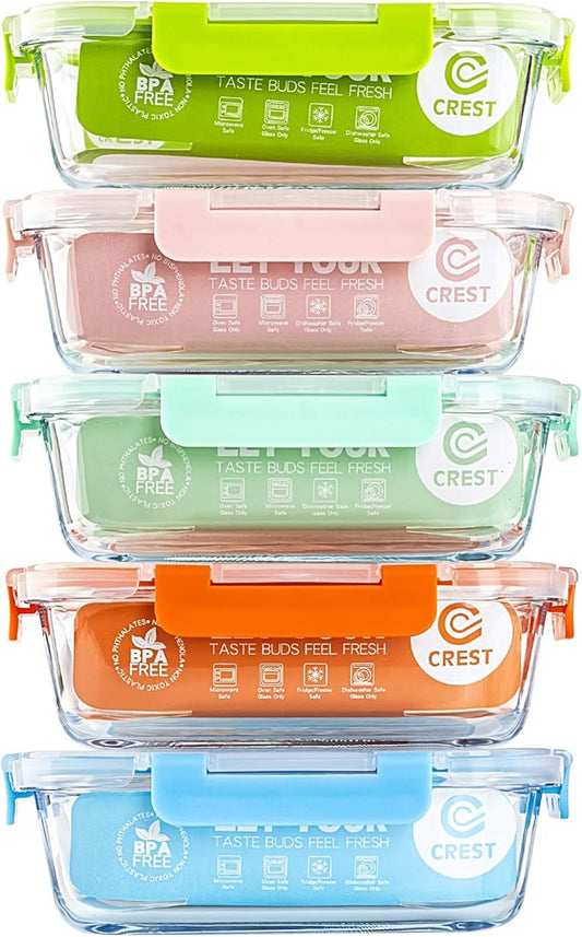 C CREST [5-Pack] Glass Lunch Box, Meal Prep Glass Containers with Lids, Glass Food Storage Containers, 34 OZ