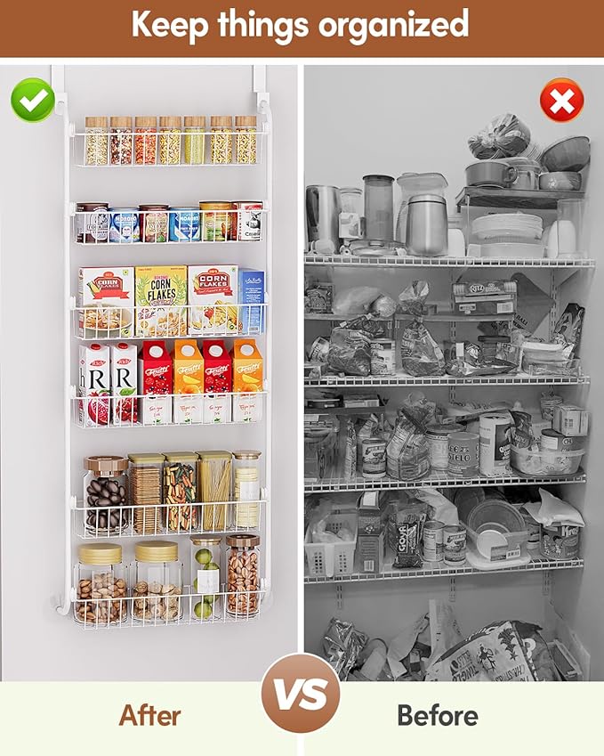 LAMU Over The Door Pantry Organizers and Storage, 6-Tier Hanging Spice Rack, Home & Kitchen Storage Shelves for Cabinet, Large Capacity Seasoning Organizer, Laundry Room Organization, White