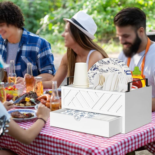 Paper Plate Dispenser with Drawer, Paper Plate Holder for Kitchen Counter, Wood Rustic Silverware Utensil Caddy, Cutlery Flatware Organizer for Cup Spoon Fork Plates Napkins, White Kitchen Accessories