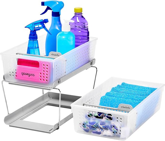 madesmart 2-Tier Organizer Slide-Out Baskets with Handles, Space Saving, Multi-Purpose Storage & BPA-Free, Large, Frost-with Dividers