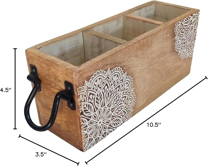 VANIYA CRAFTSR® Handmade Wooden Carved Design Compartments Cutlery Utensil Holder For Napkins, Spoons, Forks, Tissues, Knife Natural finish (Natural White Finish)