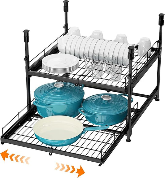 Adjustable 2-Tier Pull Out Cabinet Organizer, Expandable 13"-21" Wide, No-Drill Kitchen Cabinet Organizer for Pots and Pans, Smooth Slide-Out Shelves for Under Cabinet Storage – 21" Deep, Black