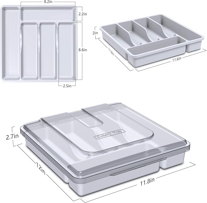 Utensil Holder for Countertop with Lid, Plastic Silverware Tray for Drawer, 5 Compartments Flatware Organizer, White