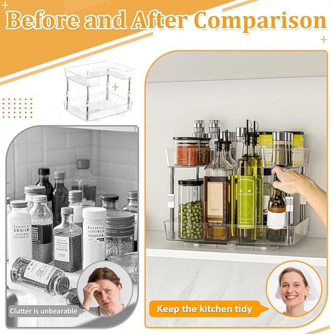 2 Pack Lazy Susan Turntable Organizer 2 Tier, 360° Rotating Condiment Organizer, Refrigerator Organizers and Storage for Cabinet, Kitchen, Countertop, Bathroom, Vanity, Non-Slip Base, Clear