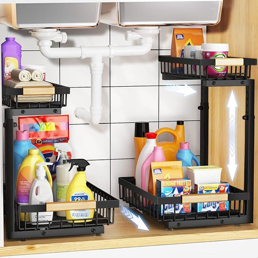 2 Pack Under Sink Organizer, Metal Slide Out Under Sink Organizers and Storage Shelves, Height Adjustable Pull Out Under Cabinet Organizer, Under Sink Storage for Kitchen, Bathroom (Black)