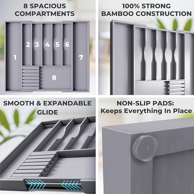 Premium Expandable Kitchen Drawer Organizer - 100% Bamboo Organizer Tray - Great for Silverware, Large Utensils, Flatware, Cutlery - 8 Compartments with Knife Block - Perfectly Fits Your Drawers