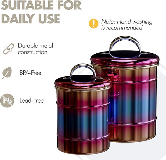 Amici Home Rainbow Metal Storage Canister | Set of 2 | Airtight Lid | 38 & 64 Ounce Capacity | Modern Home Décor | Decorative Metal Canisters for Kitchen Countertop