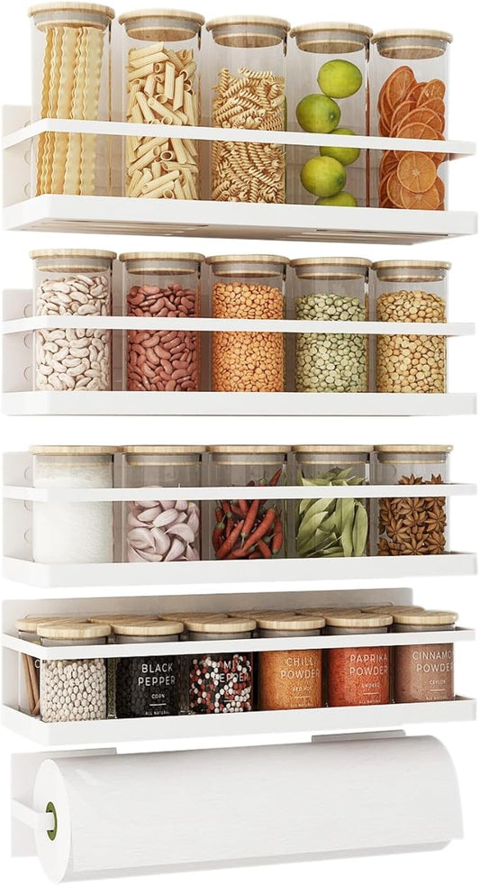 Magnetic Spice Rack for Refrigerator Magnetic Fridge Shelf for Kitchen Spice Organizer Magnetic Shelf for Fridge White 4 Pack with Magnetic Paper Towel Holder