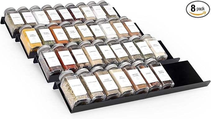 MIUKAA Black Spice Drawer Organizer, 4 Tier- 8 Pack Acrylic Drawer Seasoning Organizer, Expandable From 9'' to 18''Kitchen Spice Rack Tray for Drawer/Countertop (Jars not included)
