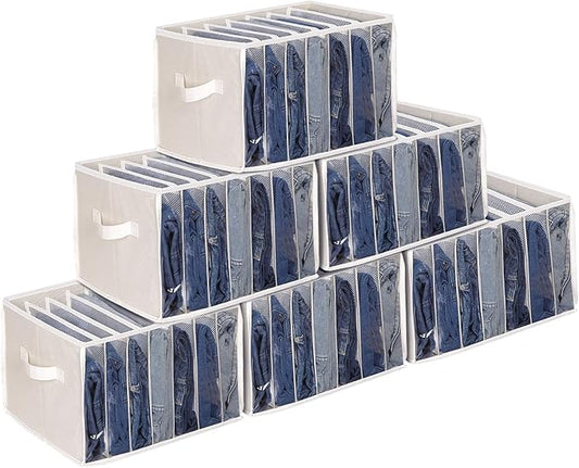 Zilink Upgraded Wardrobe Clothes Organizer with Support Board Clear Pants Organizer for Closet with 7 Grids Divider Extra Large Closet Drawer Organizer for Jean Pant Sweaters T-Shirt, 6 Pack, Beige