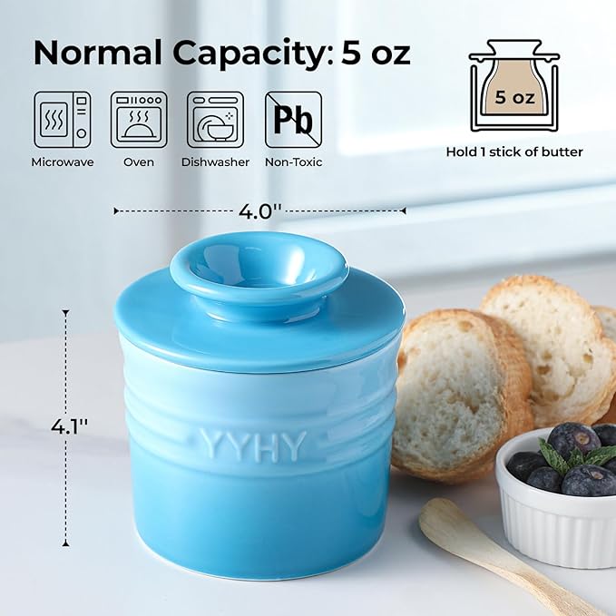 Y YHY Butter Dish with Lid for Countertop, Butter Crock for Counter with Water, Butter Holder for Soft Spreadable Butter, Butter Keepers to Leave on Counter as Kitchen Decor Ideal Gift, Gradient Blue