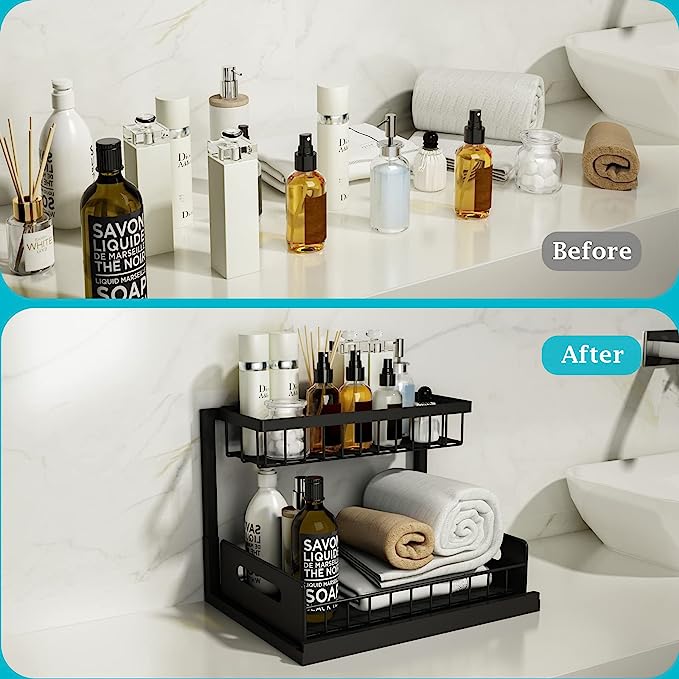 REALINN Under Sink Organizer, Pull Out Cabinet Organizer Slide Out Sink Shelf Cabinet Storage Shelves, Storages for Kitchen Bathroom, Black, 2 Pack