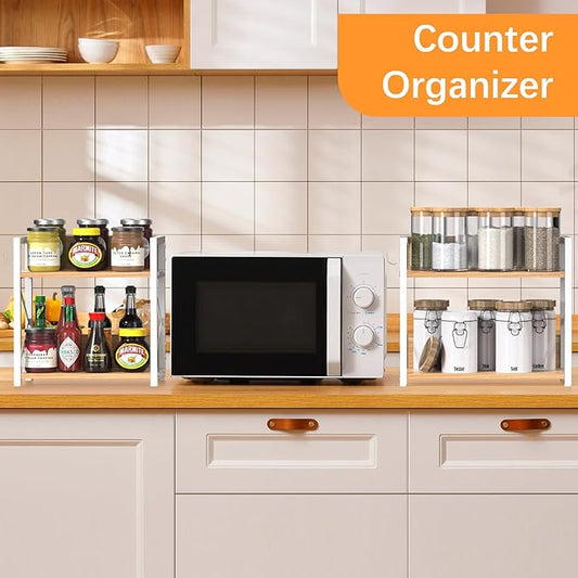 Spice-Rack-Organizer-Shelf for Kitchen Counter, 2 Tiers Coffee Bar Station Organizer for Countertop，Space Saving Desk Shelving Riser Unit (Maple, Medium)