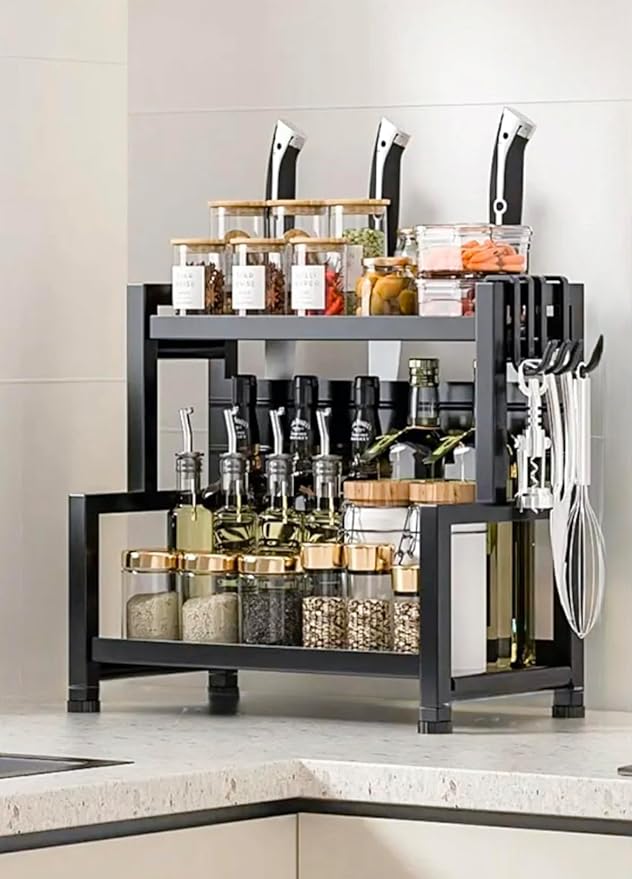 Multi-Functional Stainless Steel Spice and Knife Storage Organizer, Cutting Board, Utensil Organizer, Hooks, 2 Levels of Spice Shelves for pantry, Counter Shelf, Cubinet, Dining,Bathroom