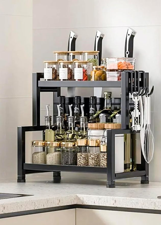 Multi-Functional Stainless Steel Spice and Knife Storage Organizer, Cutting Board, Utensil Organizer, Hooks, 2 Levels of Spice Shelves for pantry, Counter Shelf, Cubinet, Dining,Bathroom