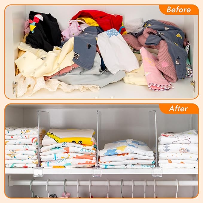 SSAWcasa Shelf Dividers for Closet Organization, 12 Pack Clear Acrylic Dividers Shelf Organizer for Wood Shelves, Bag Purse Clothes Sweater Shirt Storage Separator for Bedroom Wardrobe Kitchen